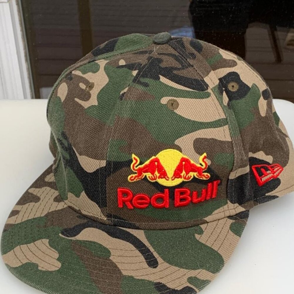 Red Bull Flat Brim Green FITTED (7 3/8) Camo Cap w/ Offset Logo on Crown.